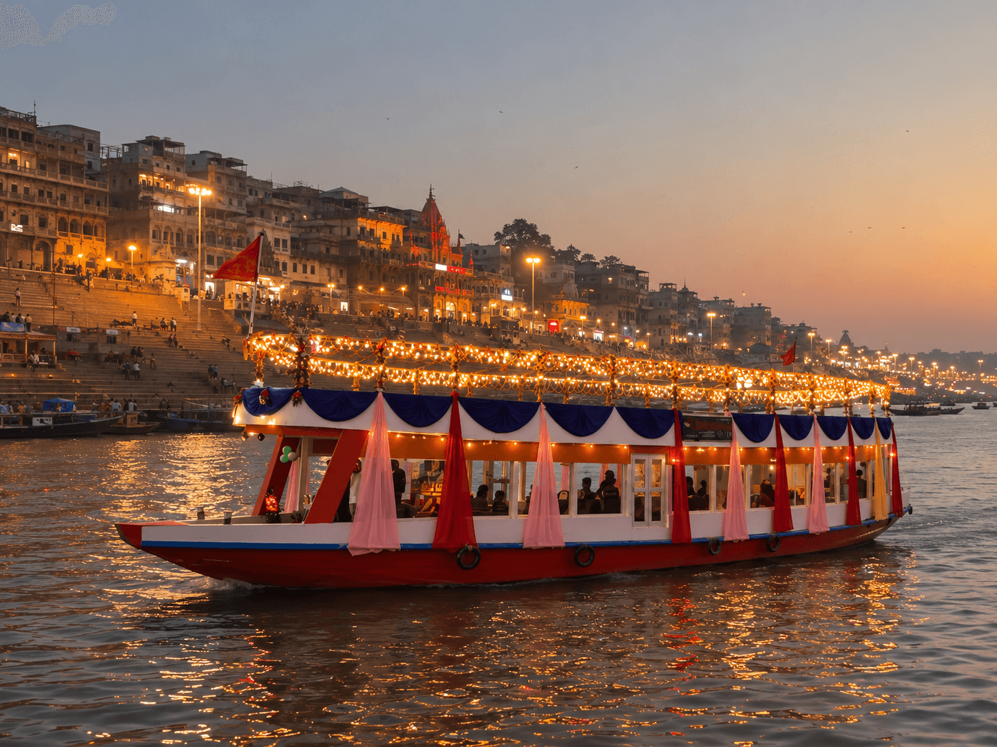 AC cruise exterior at dusk, string lights, premium look