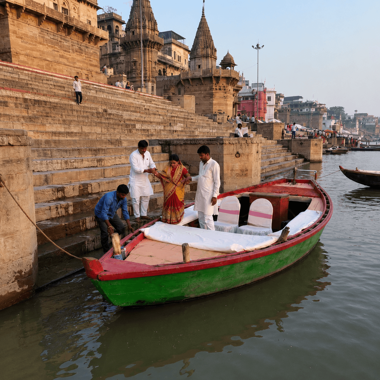 Boarding at the ghat steps
