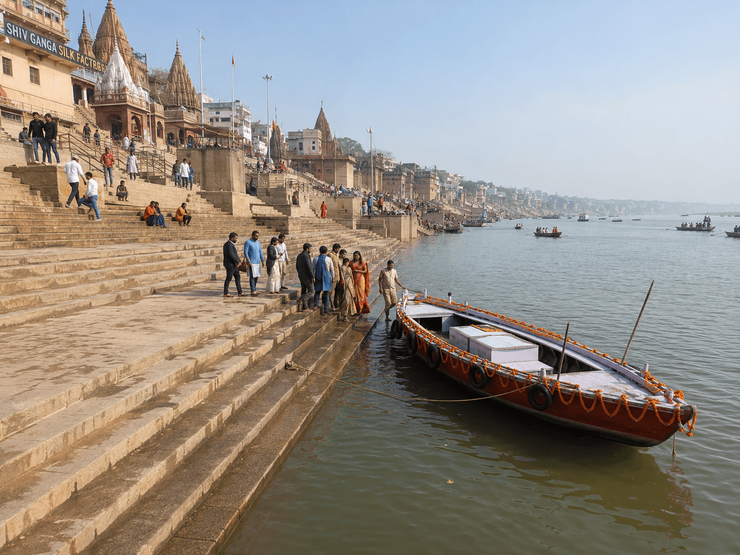 Boarding ghat โ steps down to the water, daylight