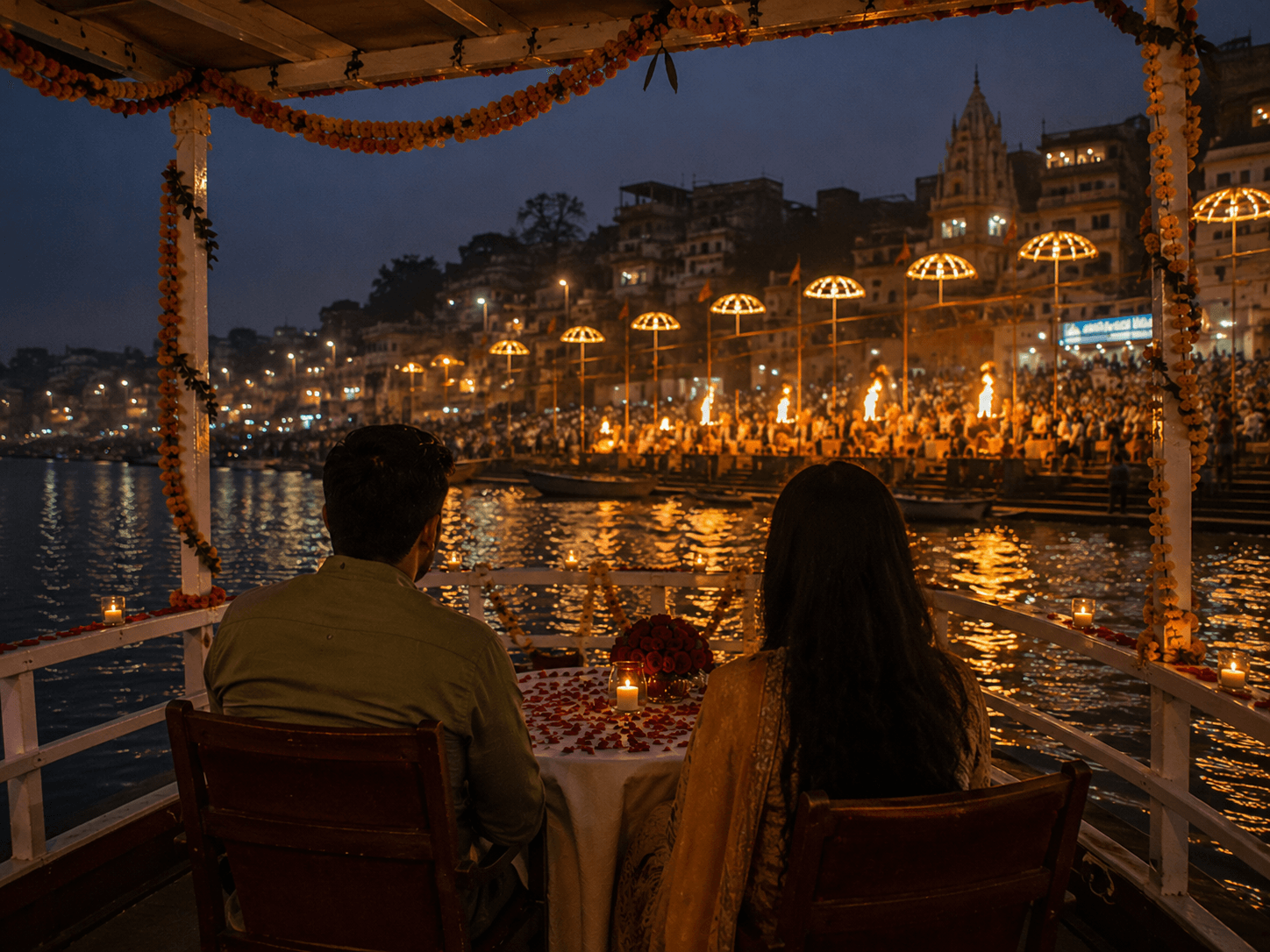 Candle-lit private table on deck, rose petals, Aarti glow