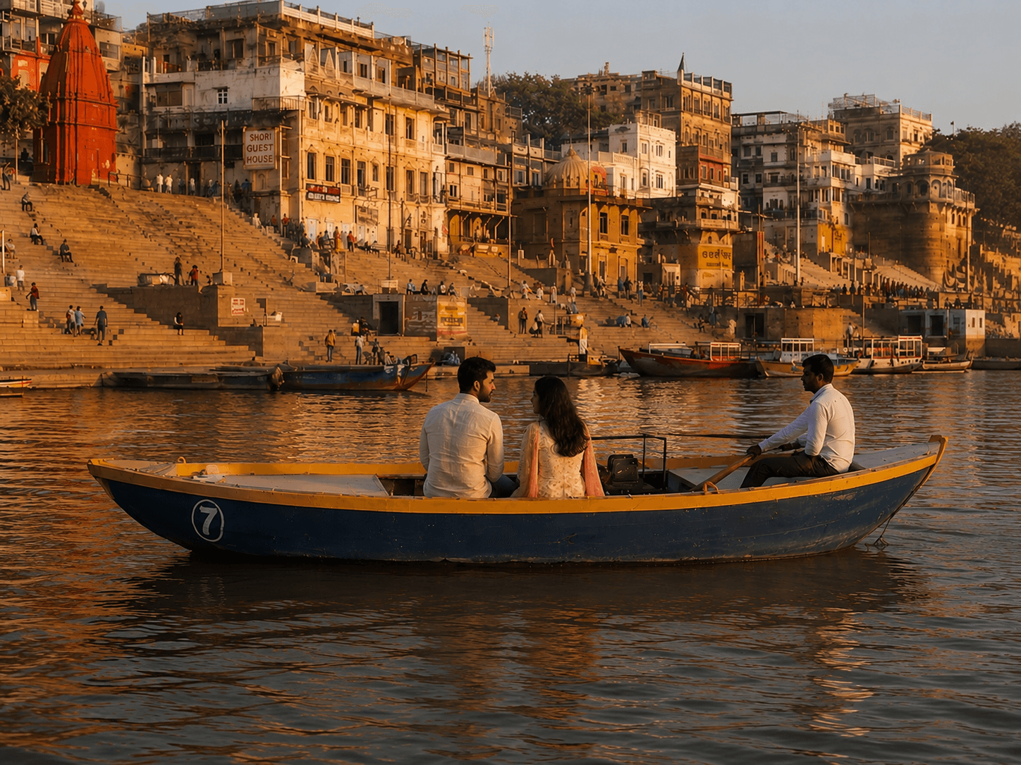 Couple aboard at golden hour, calm water