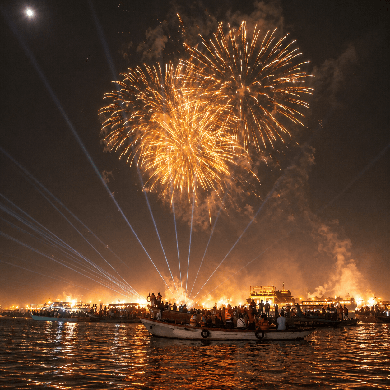 Boat full of guests, fire show